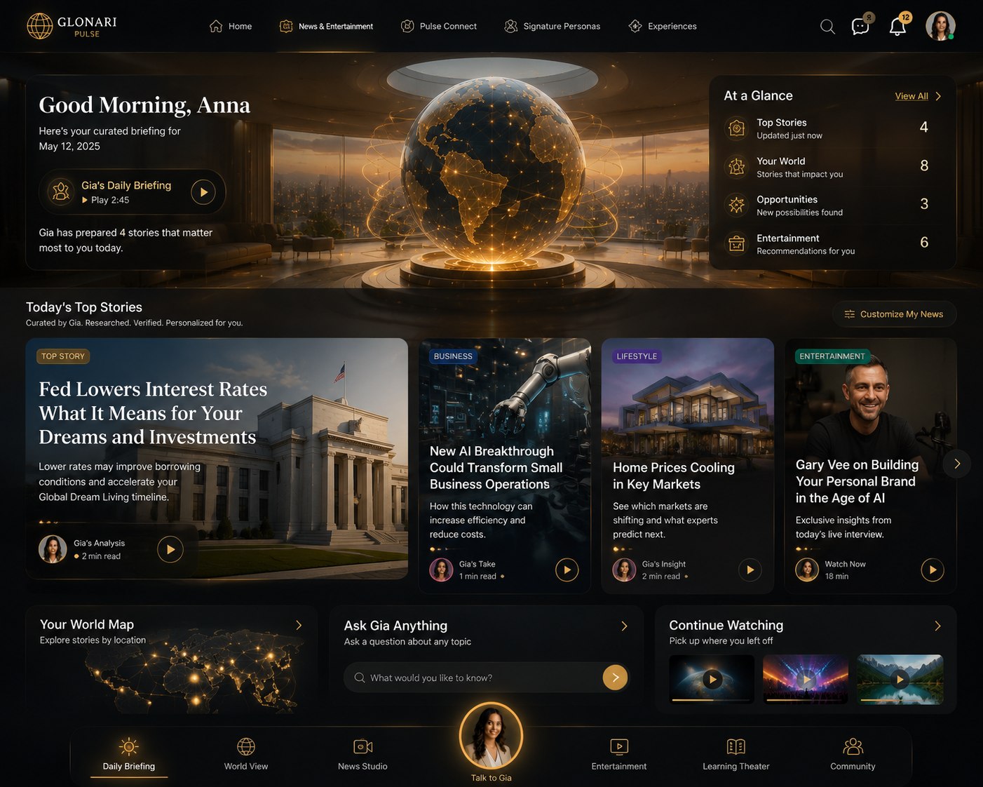 Preview of the Glonari News home screen inside the Glonari Pulse app: Gia's daily briefing beside a golden holographic globe, with Today's Top Stories, Your World Map, and Ask Gia Anything below